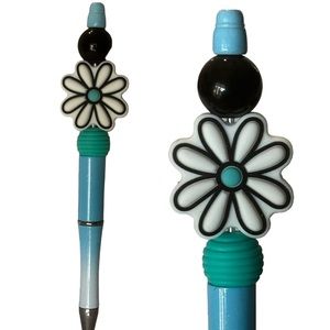 Daisy White Flower Beaded Silicone Focal Handmade Blue Pen